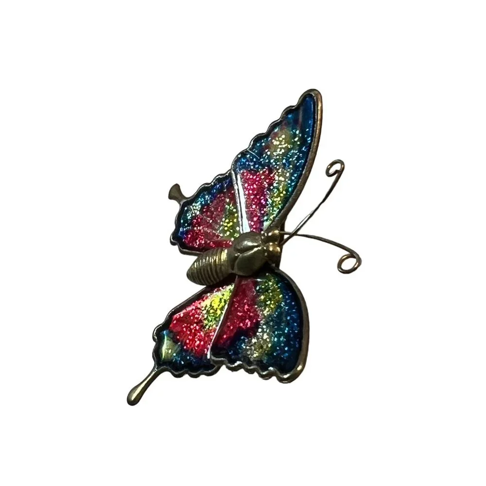 Vintage Butterfly Brooch Blue Pink Enamel and Glitter‎ Pin